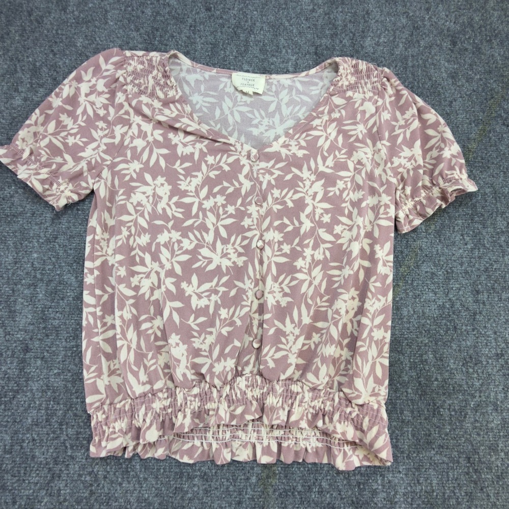 Flower & Feather Floral Smocked Hem Blouse Top Pink Cream Size M